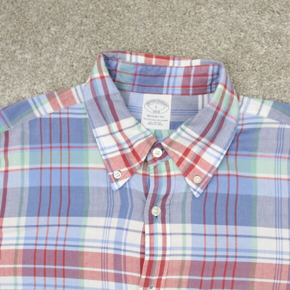 Brooks Brothers Regent Shirt Men Large Blue/Red Plaid Cotton Short Sleeve Button - Picture 5 of 12